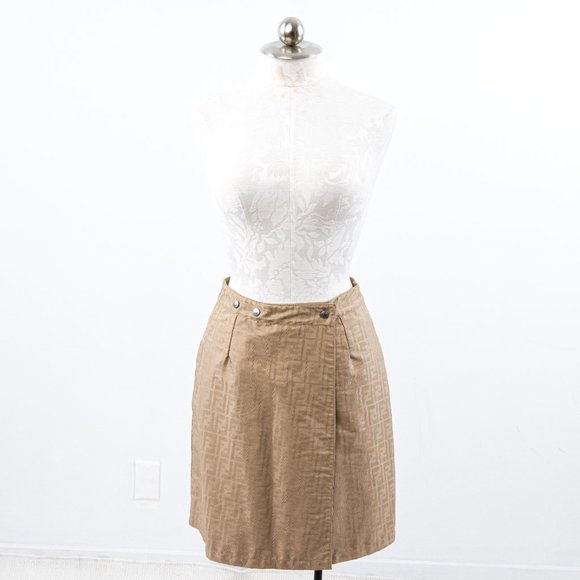 Fendi 6 Reversible Leather FF Logo Print Skirt Tan Vintage NWOT - Picture 14 of 16